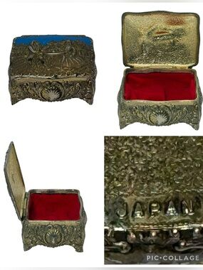 Vintage Repousse Metal Enamel Trinket Jewelry Box Courting Couple Made in  Japan